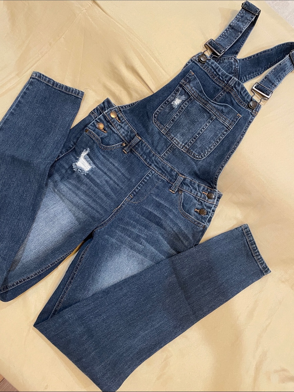 BLUE SPICE Dark Wash Distressed Denim Overalls Sz Juniors 3